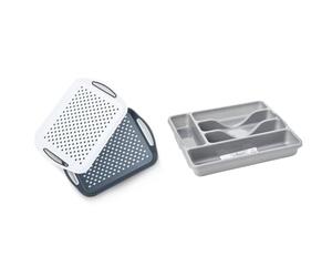 Essen 2-Pack Serving Tray Set - Non-Slip Lap Boards with Grip Handles, Ideal for Food Prep & Wham Silver 5 Compartment Plastic Cutlery Holder Tray Drawer Organiser Rack