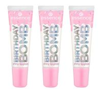 essence BIRTHDAY BOMB shiny lip gloss, 01, transparent, natural, shiny, radiantly fresh, shimmering, paraben-free, microplastic-free, nanoparticle-free, pack of 3 (3x10ml)
