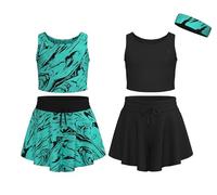 Essenclo Flowy Girls Butterfly Shorts Skirts w/Pockets & Athletic Sleeveless Tank Tops, Dance Tennis Cheer Running (5pc Set) - E2106 - Set-12-13-14