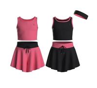 Essenclo Flowy Girls Butterfly Shorts Skirts w/Pockets & Athletic Sleeveless Tank Tops, Dance Tennis Cheer Running (5pc Set) - E2106 - Set-4-13-14