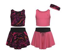 Essenclo Flowy Girls Butterfly Shorts Skirts w/Pockets & Athletic Sleeveless Tank Tops, Dance Tennis Cheer Running (5pc Set) - E2106 - Set-13-7-8