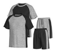 Essenclo Men’s Gym Clothes Set - 4-Pcs Athletic Outfits w/ 2 Workout Shirts & 2 Shorts - Lightweight, Quick-Dry, Breathable (4 Piece Set) - Set-8 - L