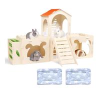 Essenhome Extra Large Rabbit Castle with 2 Soft Fleece Mats, Upgraded 0.5cm Thicker Wooden Bunny Hideout, Indoor Small Animal House and Habitat for Guinea Pigs, Chinchillas, Vibrant Orange Roof Design