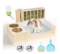 Essenhome Integrated 4-in-1 Plywood Rabbit Litter Box with Hay Feeder, 2 Stainless Steel Bowls and Water Bottle with Holder - Multi-Functional Bunny Feeding Station for Guinea Pigs & Chinchillas