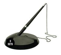 Essential Arts 3 x Reception Pen Desk Set Plus Two Refills - Black Ink. Forum Chain Ballpoint Pen and Base Set with Adhesive Pad. For Office, Hotel, School, etc.