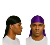 Essential Aura 2 Pieces Luxury Silky Durag for All Hair Types, Men & Women Satin Premium Durag (Black & Dark Purple, One Size)