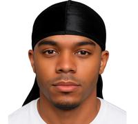 Essential Aura New Premium Luxe Silky Durags for Men/Long Straps/Long Tail/Durag for Women/Silky Liner/Wave Cap 1 pck, Black, L