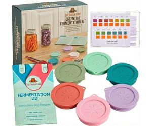 Essential Fermentation Kit by The Amish Chef - 6 Pack Silicone Fermenting Lids for Wide Mouth Mason Jars, Waterless Airlock Fermentation Tops for Pickles, Kimchi, Fermented Probiotic Food