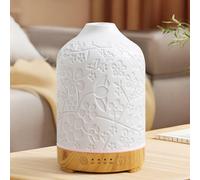 Essential Oil Diffuser Electric Ceramic Aromatherapy Oil Diffuser Ultrasonic Elegant Floral 150ml with Wood Grain Base, 7 Colors LED Light, Perfect for Home, Office, Yoga, and Gifts