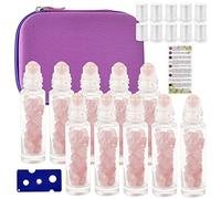 Essential Oil Roller Bottle 10ml w EVA Carrying Travel Case（Clear Glass Bottle with silver Cap、10pack、Gemstone Roller Balls、Healing Crystal Chips Inside、Opener)Gemstone Roller Ball Bottles, Rose