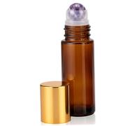 Essential Oil Roller Bottles, 50ml Empty Refillable Amber Glass Roller Bottles, Natural Purple Amethyst Head Ball Applicator for Travel, Perfume and Lip Gloss