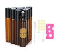 Essential Oils Roller Bottles, 12pcs10ml Roll on Bottles with Stainless Steel Ball with Bottle Opener, Dropper, Pipette, displacement pump, Label for Essential Oil, Fragrance, Aromatherapy, Brown