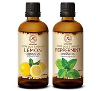 Essential Oils Set 2x100ml - Lemon & Peppermint Oil - Citrus Limon - Mentha Piperita - Mint Scent - Aromatherapy Oils for Diffuser - Aromalamp - Skin & Hair Care - Nails Care - Good Mood - Fresh Aroma