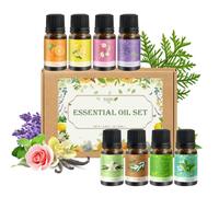 Essential Oils Set 8 x 10 ml, 100% Natural Diffuser Oil for Perfume Soap | 8 in 1 Lavender Orange Rose Tea Tree Vanilla Cedar Mint Lemon Fragrance Oils for Lip Gloss, Candles, Aromatherapy