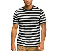 Essential Stripes T-Shirts Comfort Short-Sleeve Crew-Neck Striped Tee Top(Black&White WD,L)