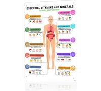 Essential Vitamins And Minerals Metal Sign - Food Sources Chart For Brain Skin Digestion Health, High Fiber Foods Chart, Aluminum Tin Sign For Kitchen Restaurant Decor -_8"x12"