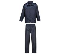 Portwest L440 Essentials Rainsuit Waterproof Lightweight Breathable Jacket & Trousers Pack-Away Hood Adjustable Fit Taped Seams Outdoor Workwear Protection, Navy, XL