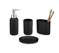 Essentra Home Matte Black Collection 4-Piece Bathroom Accessory Set. includes: Soap Dispenser with Chrome Pump, Toothbrush Holder, Tumbler and Soap Dish