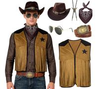 Essestim 6Pcs Western Cowboy Costume for Men, West Cowboy Outfit Set with Tassel Vest Cowboy Hat Glasses Bandana Belt, Outfits Fancy Dress for Halloween Carneval Western Theme Party