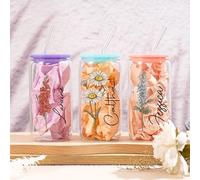 Esseur Personalized 16oz Birth Flower Tumbler, Custom Name Glass Cups, Glass Can with Lid & Straws, Gifts for Women Besties, Gifts for Her