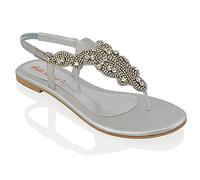 ESSEX GLAM Ladies Flat Diamante Toe Post Womens SPARKLEY Dressy Party Sandals Size 3-8 (UK 4 / EU 37, Silver)