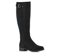 ESSEX GLAM New Womens Knee High Stretch Calf Flat Low Heel Zip Ladies Riding Casual Boots (UK 5 / EU 38 / US 7, Black Faux Suede)