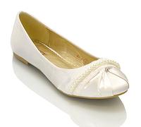 ESSEX GLAM New Womens LACE Pearl Wedding Bridal Ivory White Ballerina Flat Pumps Shoes Size 3 4 5 6 7 8 (UK 4 / EU 37 / US 6, White Satin)