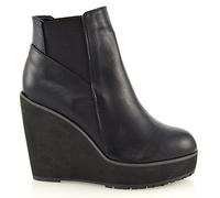 ESSEX GLAM New Womens Wedge Heel Chelsea Chunky Cleated Platform Ladies Ankle Boots Shoes Size 3 4 5 6 7 8 (UK 7 / EU 40 / US 9, Black Synthetic Leather)