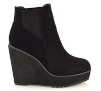 ESSEX GLAM New Womens Wedge Heel Chelsea Chunky Cleated Platform Ladies Ankle Boots Shoes Size 3 4 5 6 7 8 (UK 5 / EU 38 / US 7, Black Faux Suede)