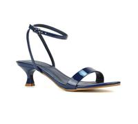 ESSEX GLAM Women Kitten Low Heel Strappy Sandal Ladies Navy Patent Ankle Strap Two Part Heeled Shoes Size 6