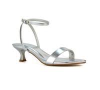 ESSEX GLAM Women Kitten Low Heel Strappy Sandal Ladies Silver Metallic Ankle Strap Two Part Heeled Shoes Size 8