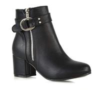 ESSEX GLAM Womens Ankle Boots Block Low Mid Heel Ladies Zip Buckle Strap Smart Booties Shoes Black Synthetic Leather