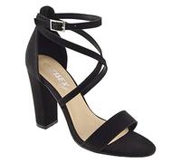 ESSEX GLAM Womens Ankle Strap Block Heel Sandals Ladies Strappy Buckle Prom Party Shoes Size 3-8 Black Faux Suede