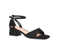 ESSEX GLAM Women's Ankle Strap Block Low Heel Sandals Ladies Cut Out Square Toe Black Faux Seude Buckle Strappy Party Shoes Size 4