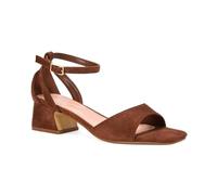ESSEX GLAM Women's Ankle Strap Block Low Heel Sandals Ladies Cut Out Square Toe Brown Faux Suede Buckle Strappy Party Shoes Size 5