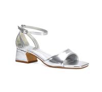 ESSEX GLAM Women's Ankle Strap Block Low Heel Sandals Ladies Cut Out Square Toe Silver Metallic Buckle Strappy Party Shoes Size 6