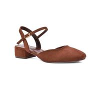 ESSEX GLAM Women's Ankle Strap Court Shoes Women's Block Low Heel Square Toe Brown Faux Suede Strappy Heels Size 7