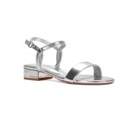 ESSEX GLAM Women's Ankle Strap Sandals Ladies Block Low Heeled Strappy Buckle Silver Metallic Faux Leather Shoes Size 8