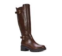 ESSEX GLAM Women's Biker Boots Ladies Knee High Chunky Sole Brown Synthetic Leather Riding Long Shoes Size 6