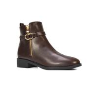ESSEX GLAM Women's Chelsea Boots Ladies Flat Low Heel Pixie Deco Buckle Zip Brown Synthetic Leather Casual Pixie Ankle Booties Shoe Size 3