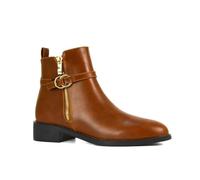 ESSEX GLAM Women's Chelsea Boots Ladies Flat Low Heel Pixie Deco Buckle Zip Tan Synthetic Leather Casual Pixie Ankle Booties Shoe Size 7