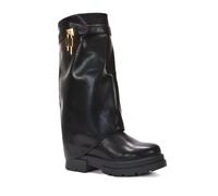 ESSEX GLAM Women's Chunky Fold Over Knee High Boots Ladies Black Synthetic Leather Riding Biker Pad Lock Style Size 7
