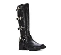 ESSEX GLAM Women's Cobra Buckle Harness Knee High Boots Ladies Black Synthetic Leather Square toe Western Biker Riding Size 6