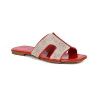 ESSEX GLAM Women's Diamante Flat Sandal Ladies Slip On Red Patent Sparkly Slider Casual Holiday Summer Shoes Size 5