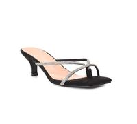 ESSEX GLAM Women's Diamante Sandals Ladies Kitten Low Heel Strappy Toe Post Flip Flop Mule Black Faux Suede Rhinestore Shoes Size 4