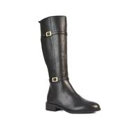 ESSEX GLAM Women's Flat Knee High Boots Ladies Elasticated Stretch Calf Buckle Zip Black Synthetic Leather Riding Biker Shoes Size 7