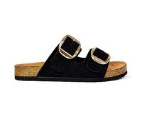 ESSEX GLAM Womens Flat Sandals Large Double Strap Buckle Ladies Open Toe Slip On Casual Holiday Black Slider Mule Size 8