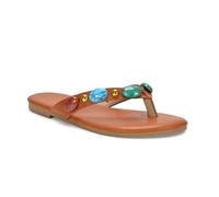 ESSEX GLAM Women's Flip Flops Ladies Flat Embellished Jewel Stone Strap Tan Synthetic Leather Slip On Slider Size 3