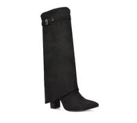 ESSEX GLAM Women's Fold Over Knee High Boots Ladies Black Faux Suede Pointed Toe Buckle Block Heel Size 8