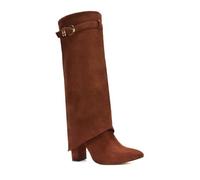 ESSEX GLAM Women's Fold Over Knee High Boots Ladies Brown Faux Suede Pointed Toe Buckle Block Heel Size 5